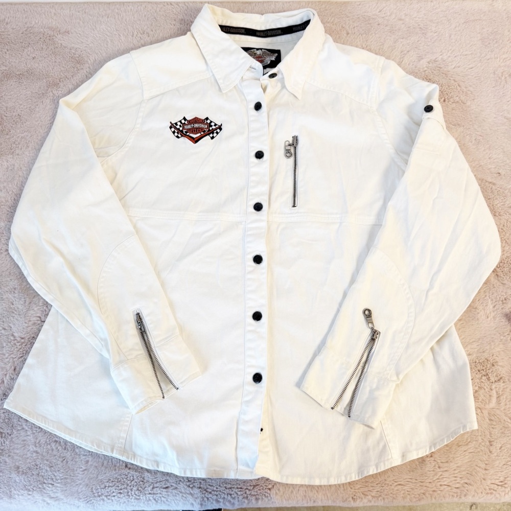 HARLEY DAVIDSON Vintage Y2K White Embroidered Button Down Shirt with Zippers